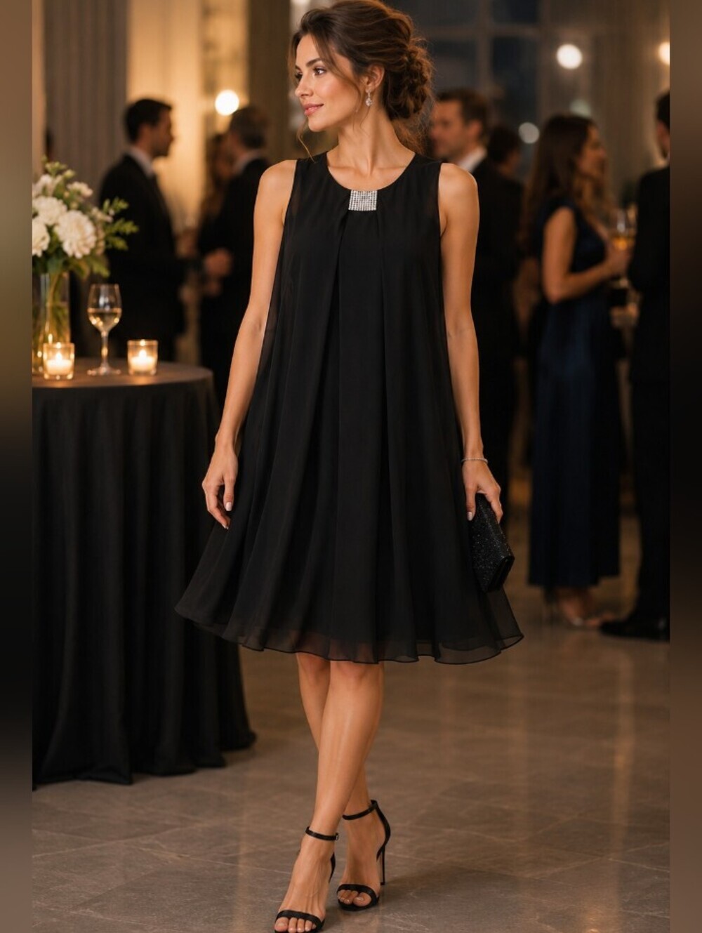 JBS Black Sleeveless Chiffon Dress with Rhinestone Embellishments